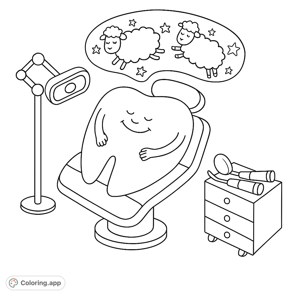A cute, sleeping tooth in a dental chair dreams of jumping sheep and stars. A fun, free printable dental health coloring page for kids!