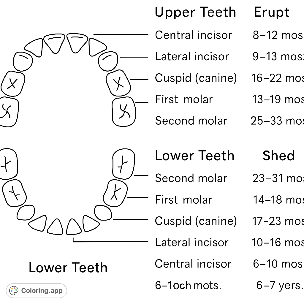 Explore human dental anatomy with this detailed baby teeth diagram. A free printable dental anatomy coloring page for kids and adults.