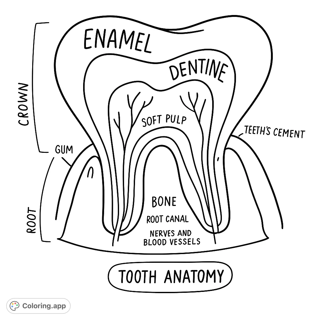 Explore the intricate layers of a human tooth, from its outer enamel to the inner root canal, in this detailed anatomy coloring page.