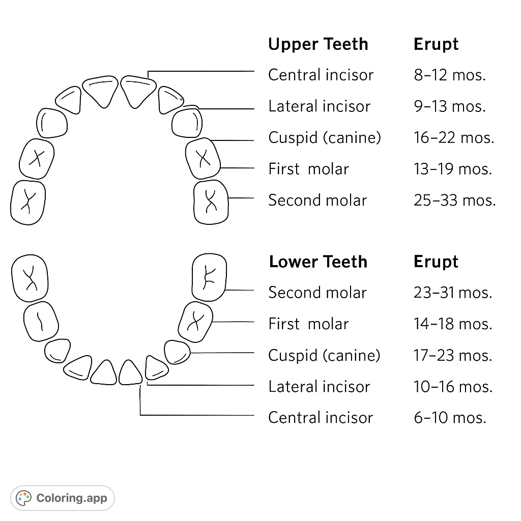 Explore a detailed primary teeth anatomy coloring page, featuring upper and lower dental arches. A free printable coloring page for kids and adults to learn about tooth development.