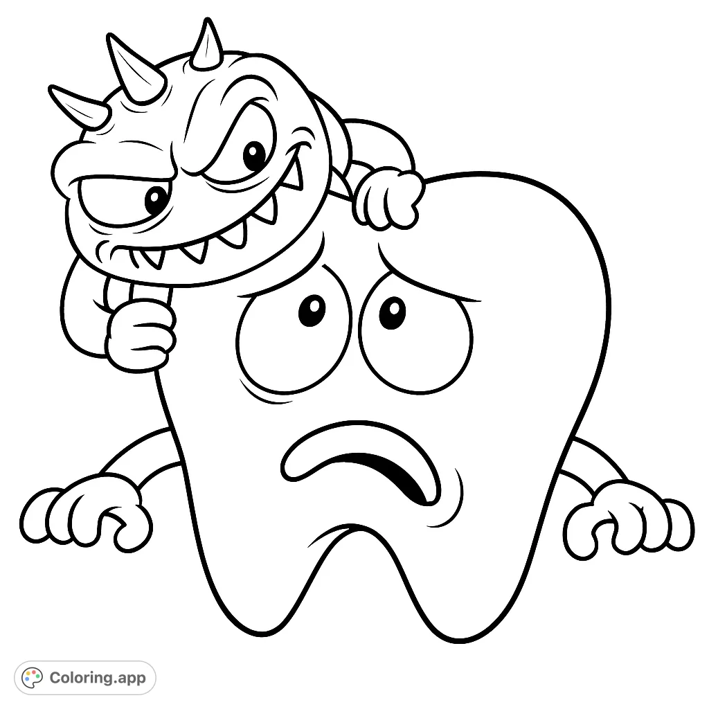 A distressed cartoon tooth is attacked by a mischievous, spiky cavity monster. A fun dental health coloring page for kids and adults.