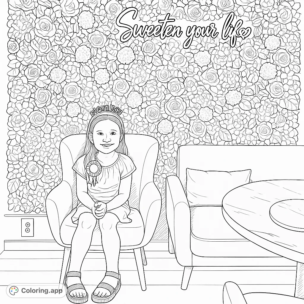 A delightful coloring page featuring a young girl celebrating her birthday against a beautiful floral wall with a glowing neon sign. Perfect for festive fun!