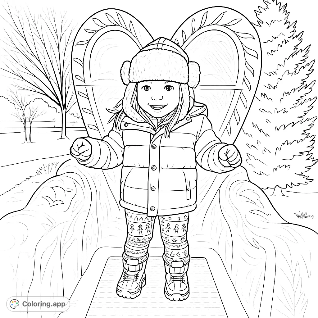 A joyful child in a cozy winter coat and trapper hat stands before a heart arch. A charming free printable winter coloring page for kids and adults.