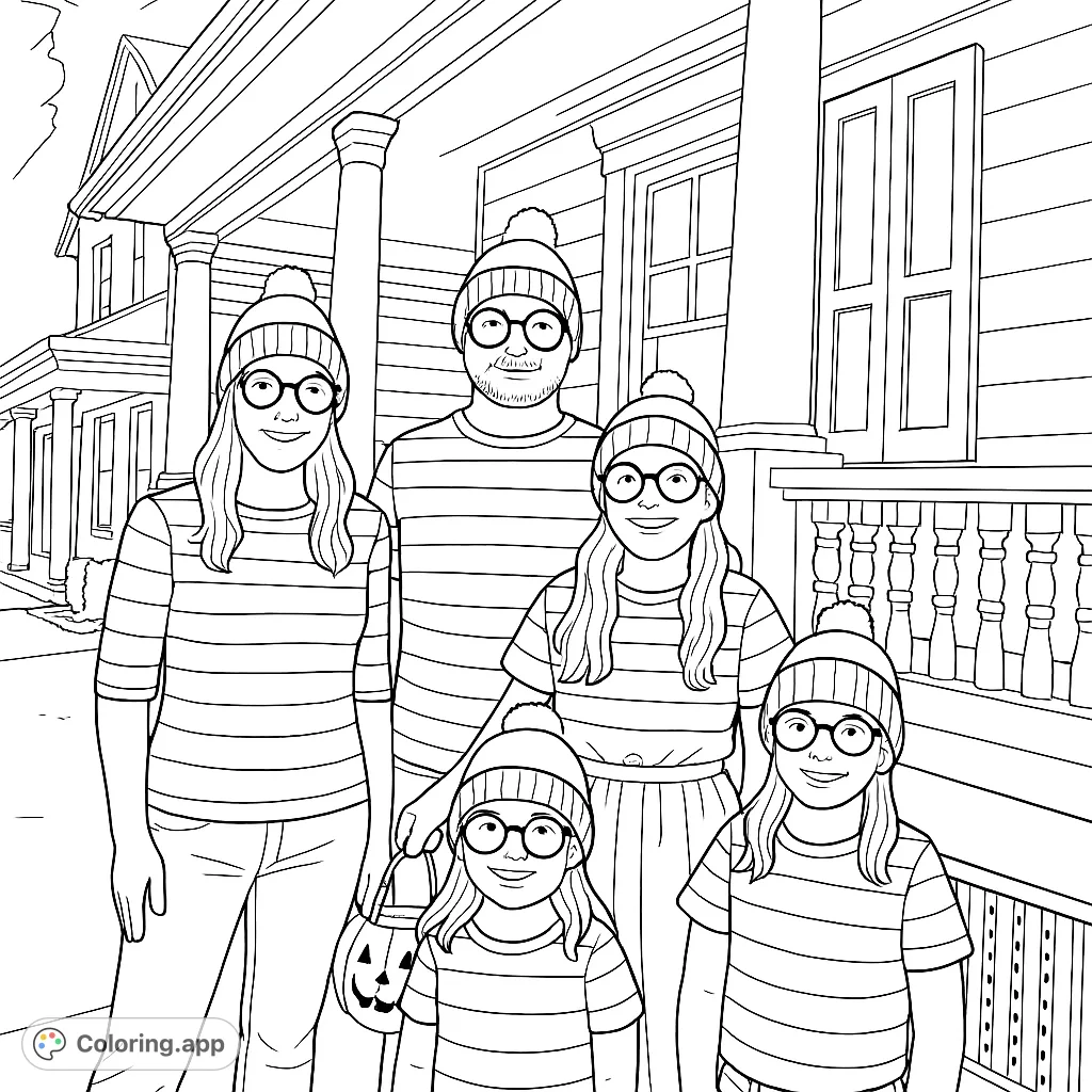A cozy family of five in matching striped outfits and glasses, ready for trick-or-treating on their porch. Perfect for Halloween fun!