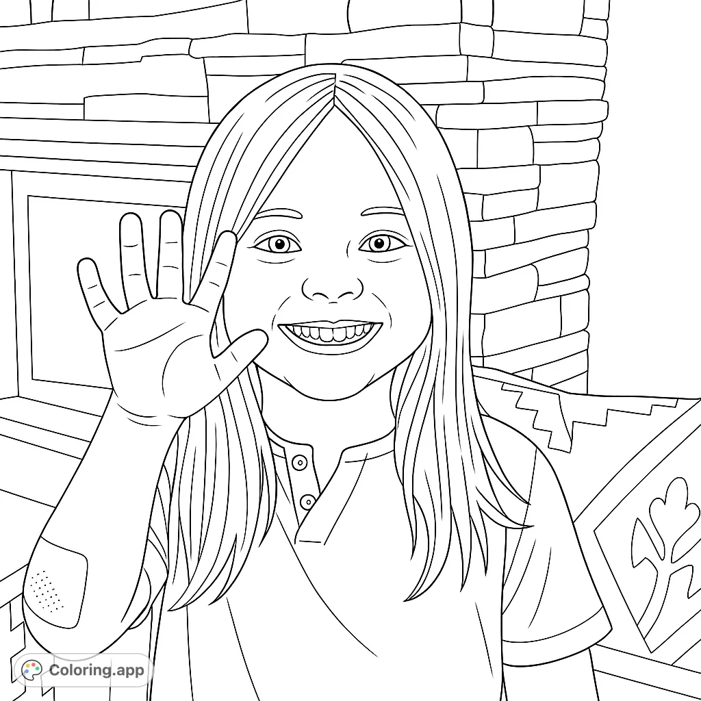 A cheerful young girl with long hair smiles and waves, set against a cozy backdrop of a stone wall and window. A delightful free printable coloring page.