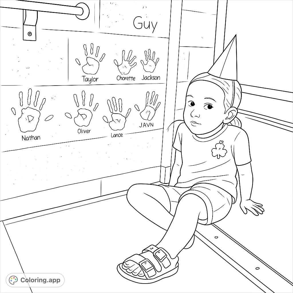 A joyful child in a party hat sits by a wall adorned with handprints, ready for a colorful celebration. Perfect for kids' birthday coloring pages.