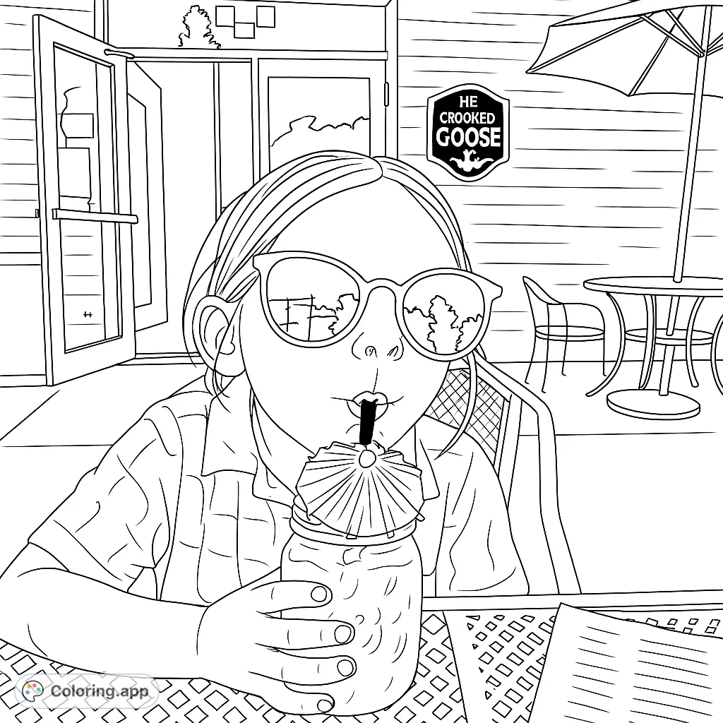Enjoy a refreshing moment with this free printable patio drink coloring page. A person in sunglasses sips from a mason jar, perfect for summer vibes!