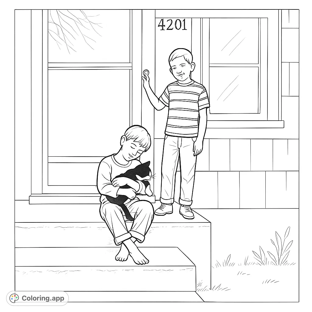 Two boys and a cat share a cozy moment on a front porch, a heartwarming free printable coloring page for kids and adults.