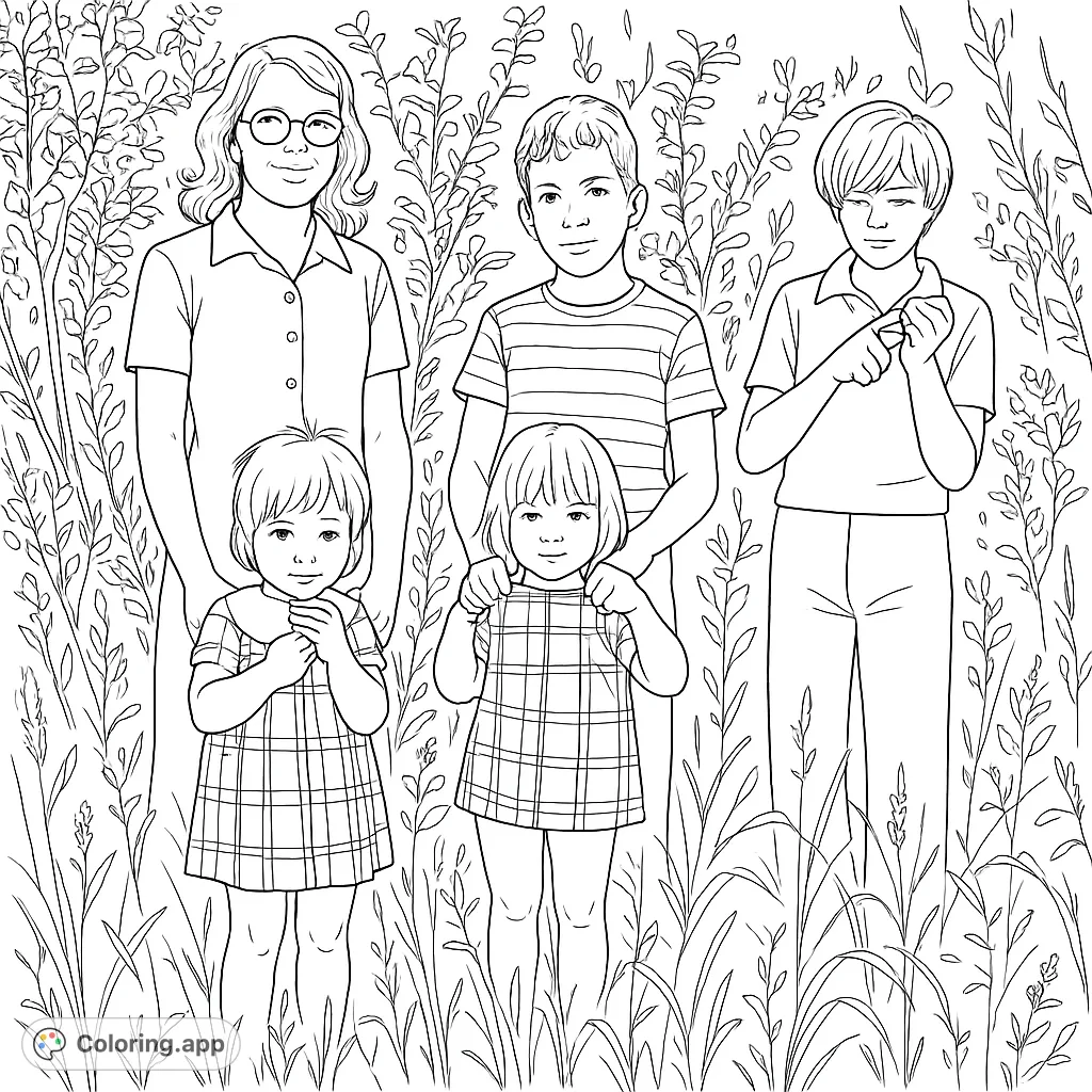 A heartwarming family portrait coloring page featuring five individuals amidst lush foliage, perfect for all ages to personalize with vibrant colors.