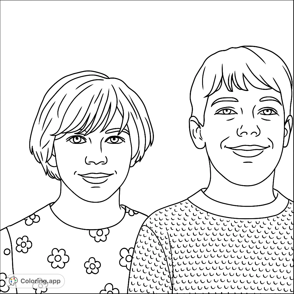 A heartwarming children portrait coloring page featuring a smiling girl and boy. Perfect for free printable coloring page fun, fostering creativity and fine motor skills.