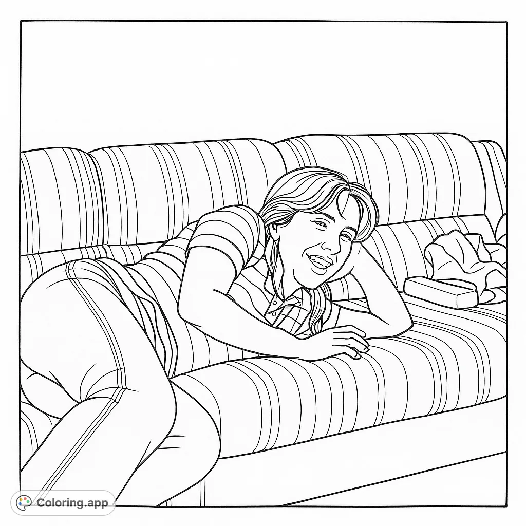 A cheerful woman lounges on a striped couch, offering a relaxing and expressive coloring page. Perfect for unwinding and creative expression.