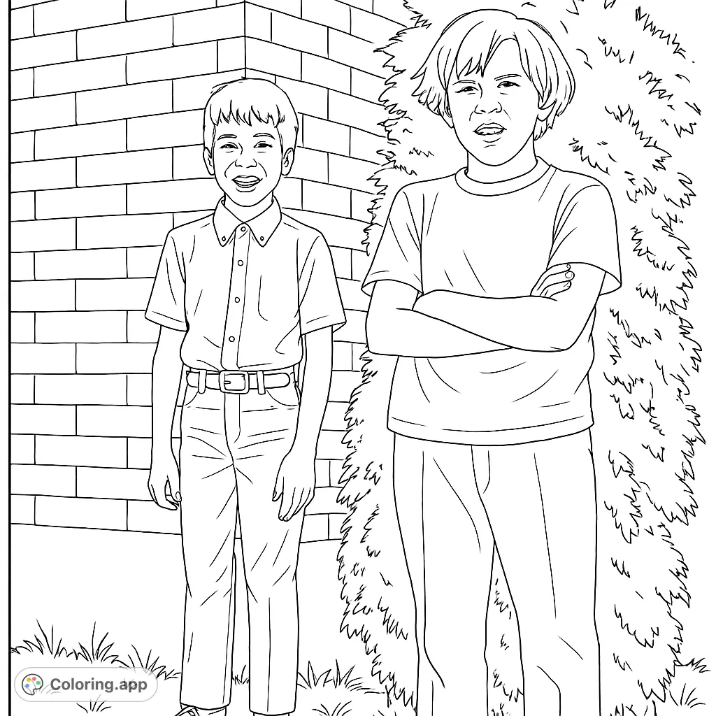 A free printable two boys coloring page featuring a younger boy smiling by a brick wall and an older boy with crossed arms by a bush. Perfect for kids!