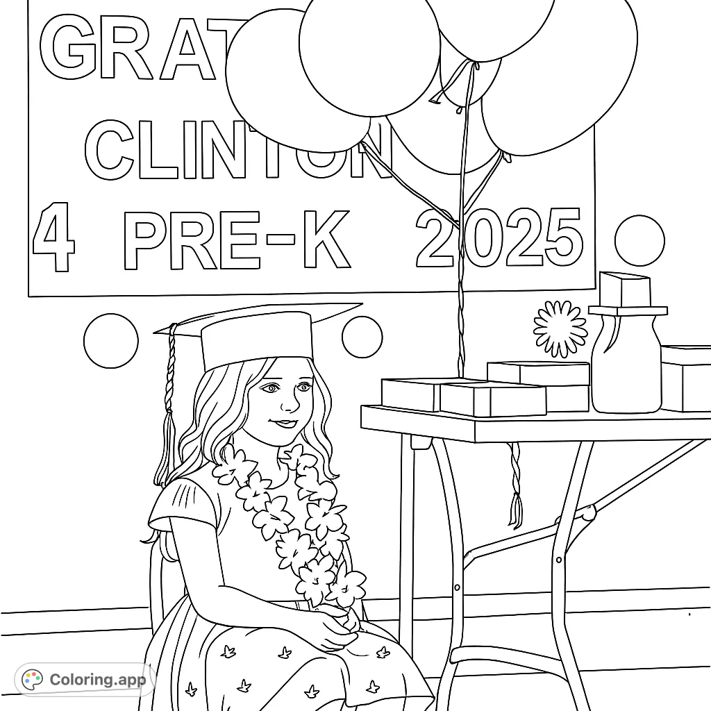 A joyful young graduate in cap and lei, celebrating with balloons and gifts. A perfect free printable graduation coloring page for kids and adults.