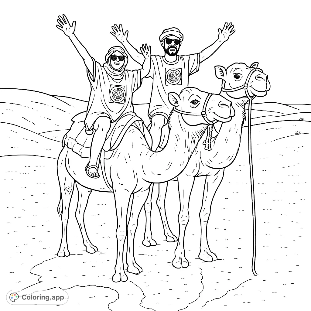 Excited travelers ride camels across desert dunes. A fun, free printable desert adventure coloring page for all ages.