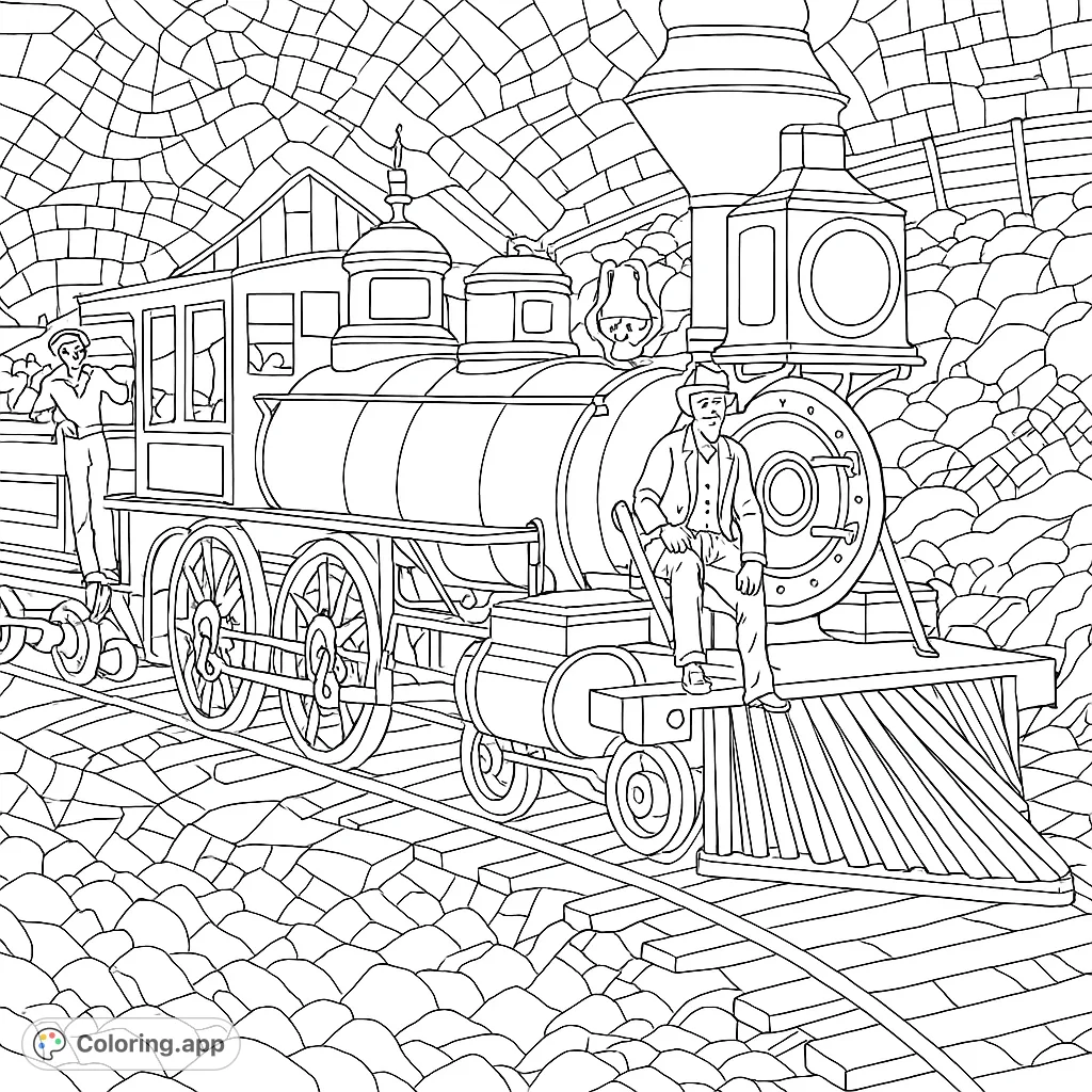 Embark on a historical journey with this vintage steam locomotive coloring page. Features a detailed train, a conductor, and a scenic railway landscape.