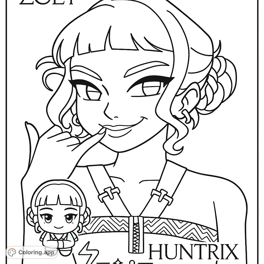 A confident anime girl with a sly smile, intricate hair, and a detailed outfit, accompanied by a cute chibi character, perfect for creative coloring.