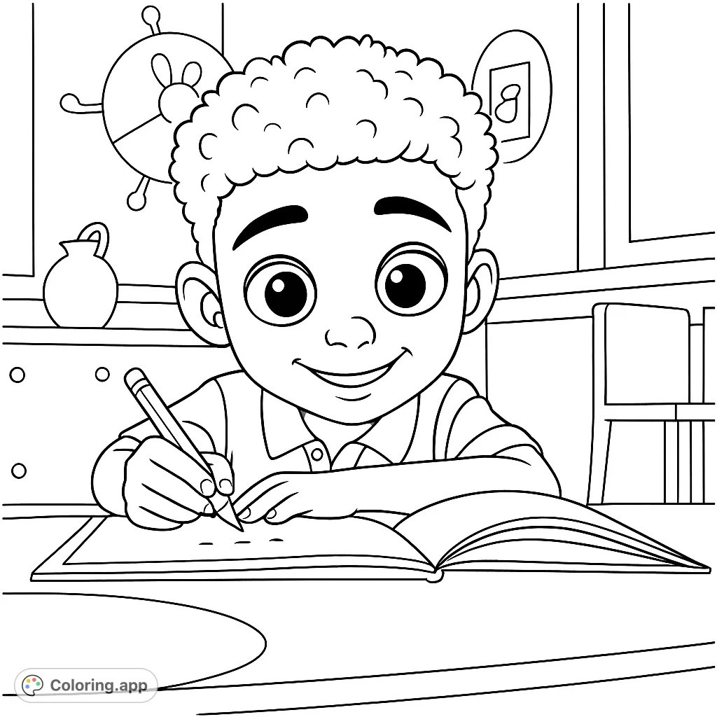 A cheerful boy with curly hair diligently writes in an open book at his desk, surrounded by school-themed items. A fun, free printable coloring page for kids.