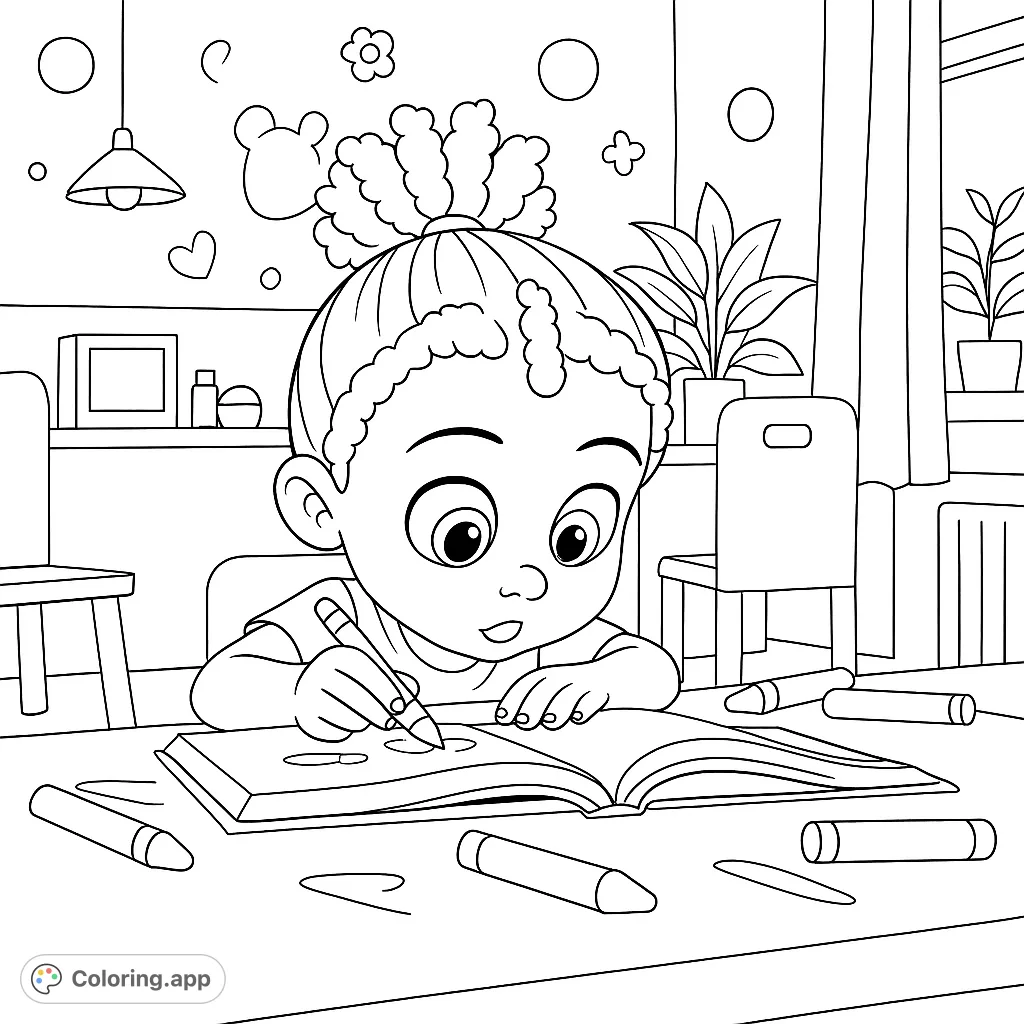 A delightful child with curly hair draws in a book, surrounded by crayons. A charming scene perfect for young artists to color and explore creativity.