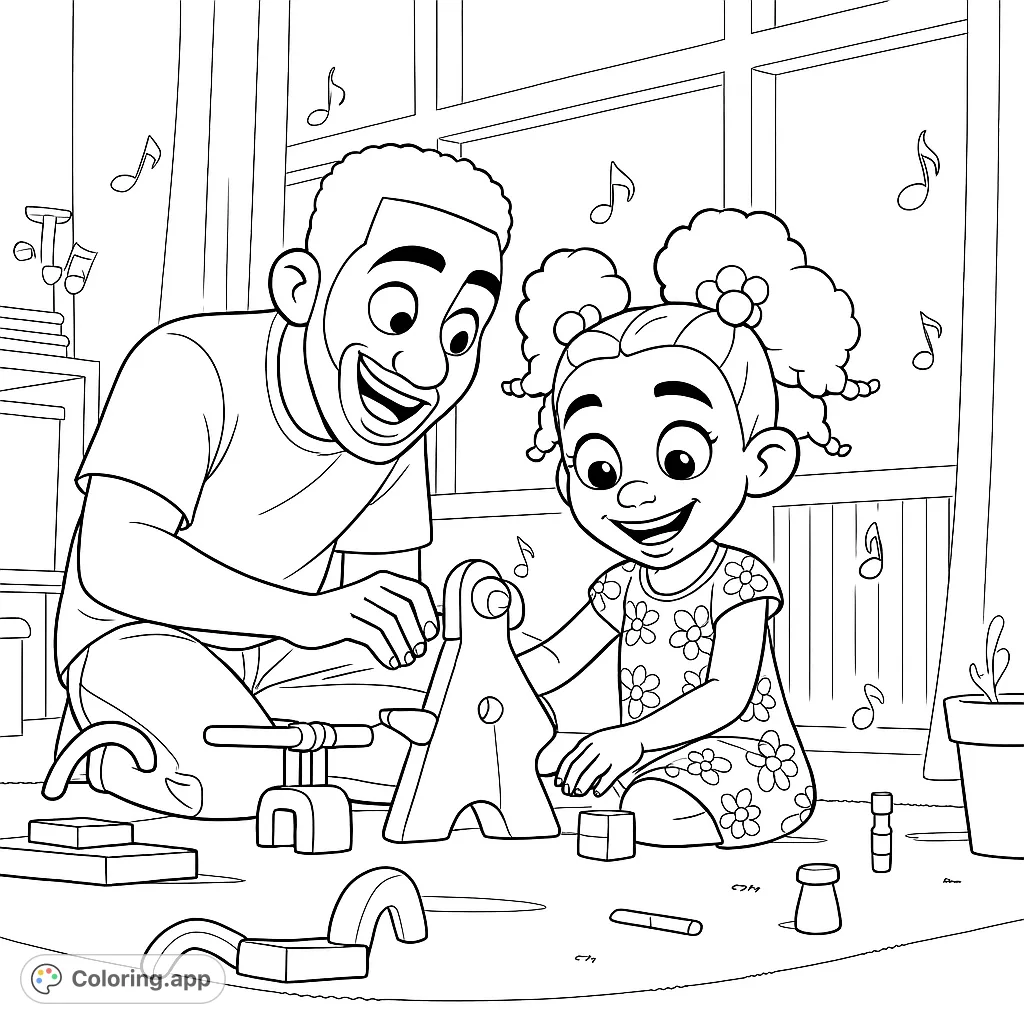 Joyful father and daughter playing with toys on the floor, surrounded by musical notes. A heartwarming family playtime coloring page.