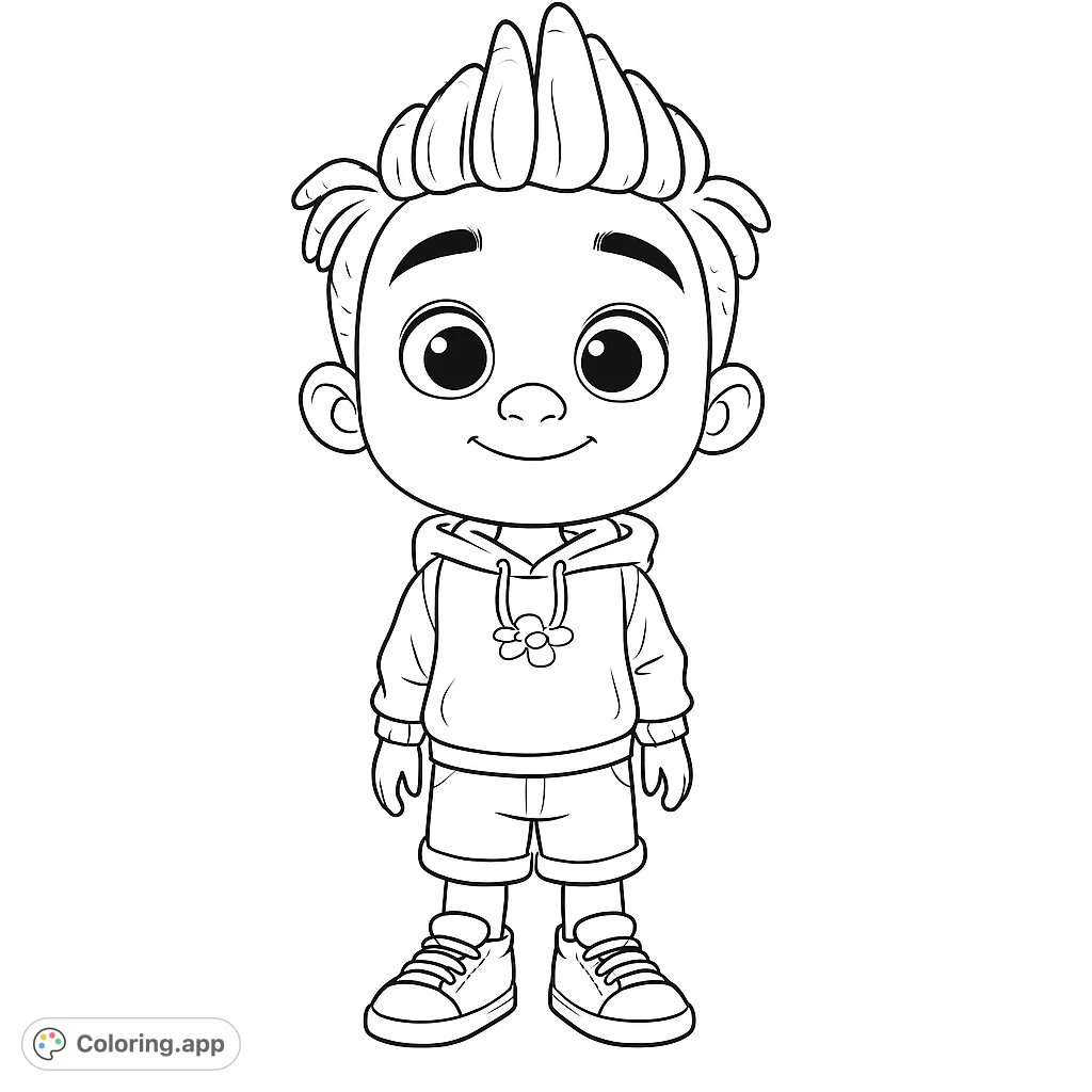 A cheerful cartoon boy with spiky hair, wearing a hoodie and shorts, ready for a fun coloring adventure. Perfect for kids!