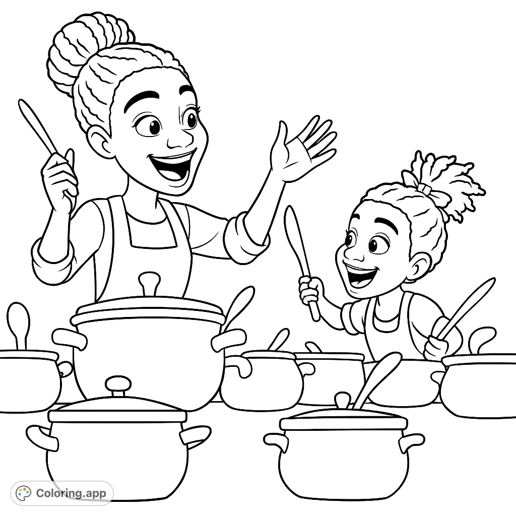A heartwarming cooking coloring page featuring a joyful mother and child surrounded by pots and spoons. Perfect for family fun and creativity.
