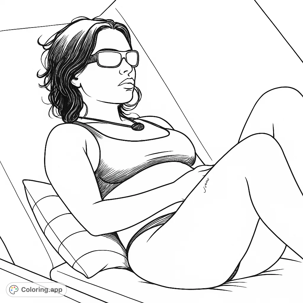 Relax on a sunny day with this free printable woman coloring page. Features a serene woman in sunglasses on a lounge chair, perfect for summer vibes.