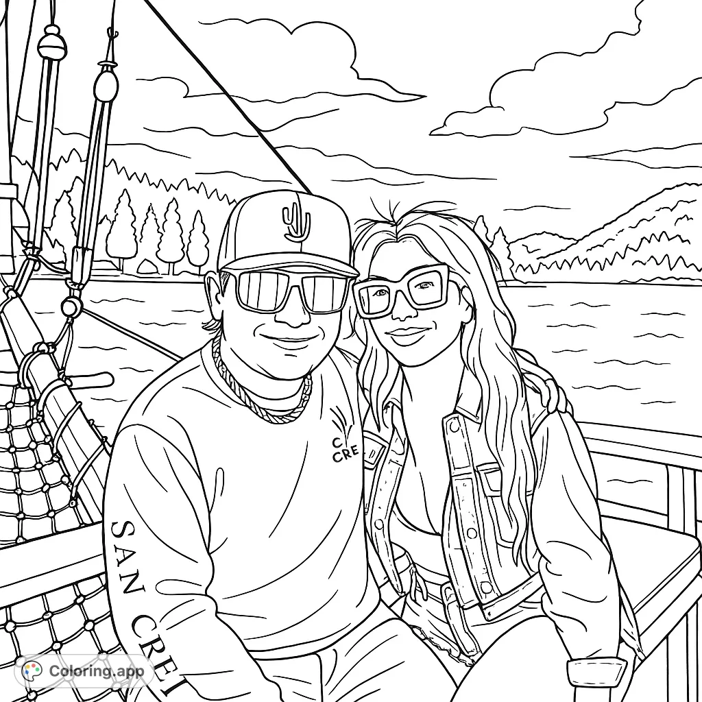 A happy couple enjoys a boat day, smiling in sunglasses against a scenic backdrop of water, mountains, and clouds. Perfect for a relaxing coloring session.