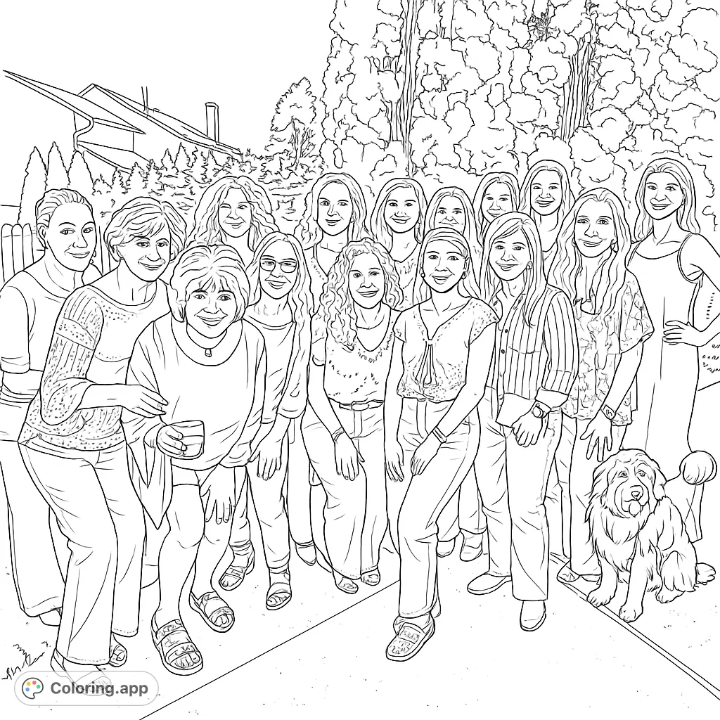 A heartwarming group of women and a friendly dog gather outdoors, perfect for a personalized coloring experience. Celebrate friendship and community!