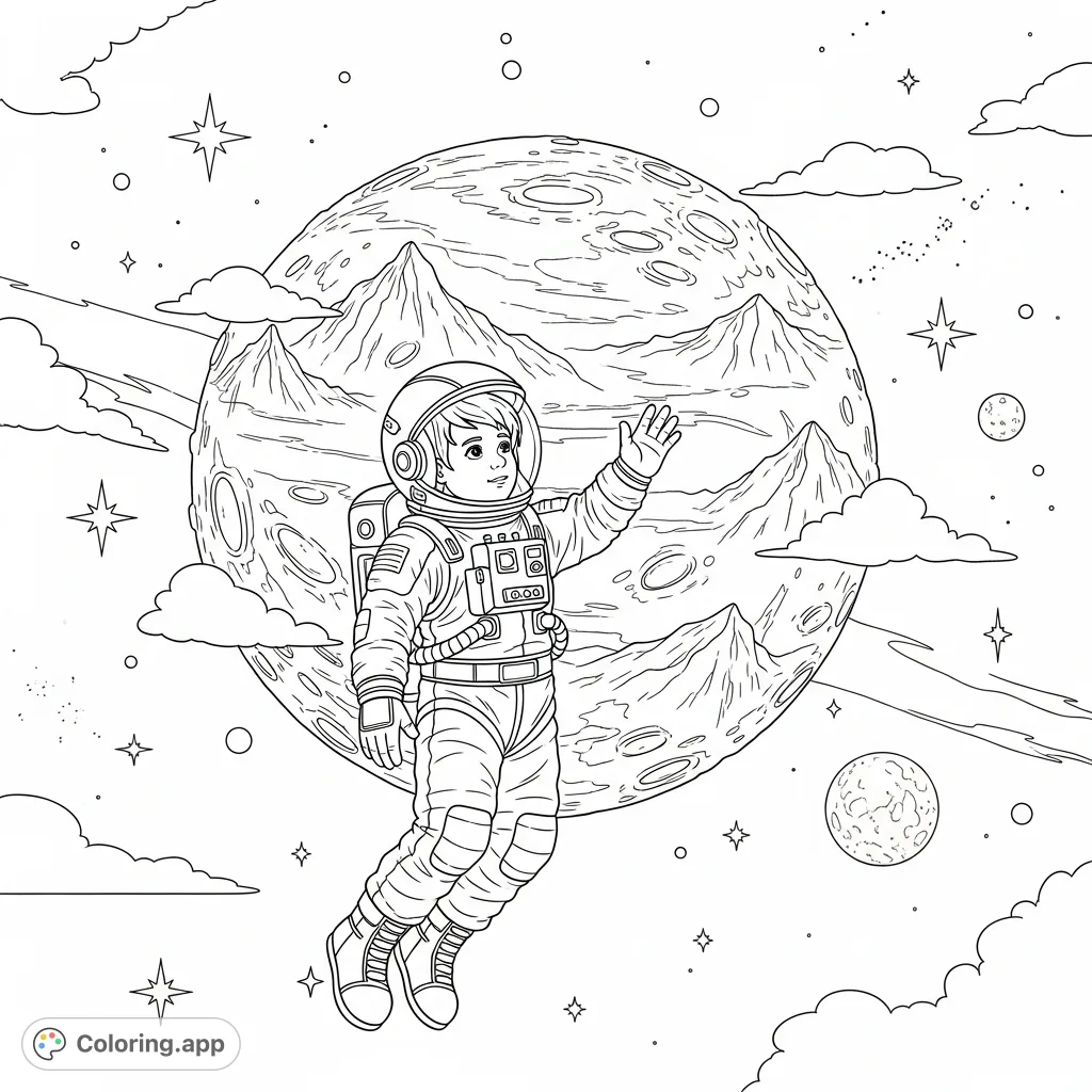 An engaging kid in spacesuit coloring page, ready for a cosmic adventure near a detailed planet. Perfect free printable coloring page for young explorers!
