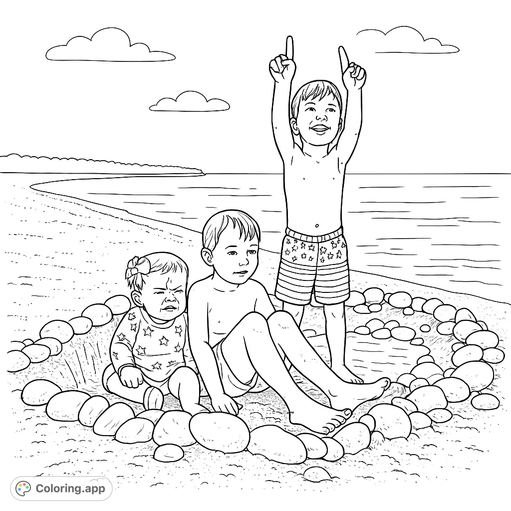 A delightful beach day scene featuring three children, including a joyful older boy, a calm younger boy, and a grumpy baby, surrounded by beach stones.
