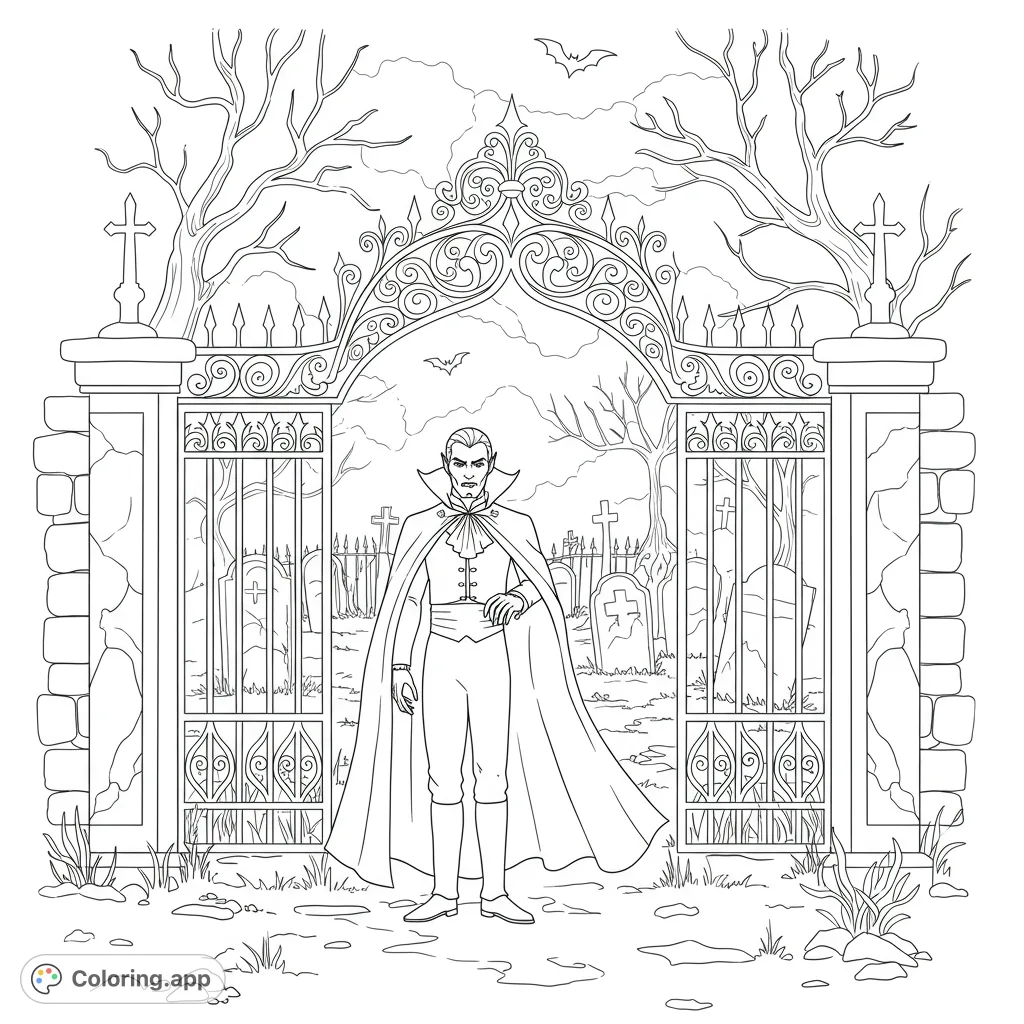 A dramatic Halloween coloring page featuring a vampire at an ornate graveyard gate, surrounded by spooky tombstones and bare trees. Perfect for gothic fans.