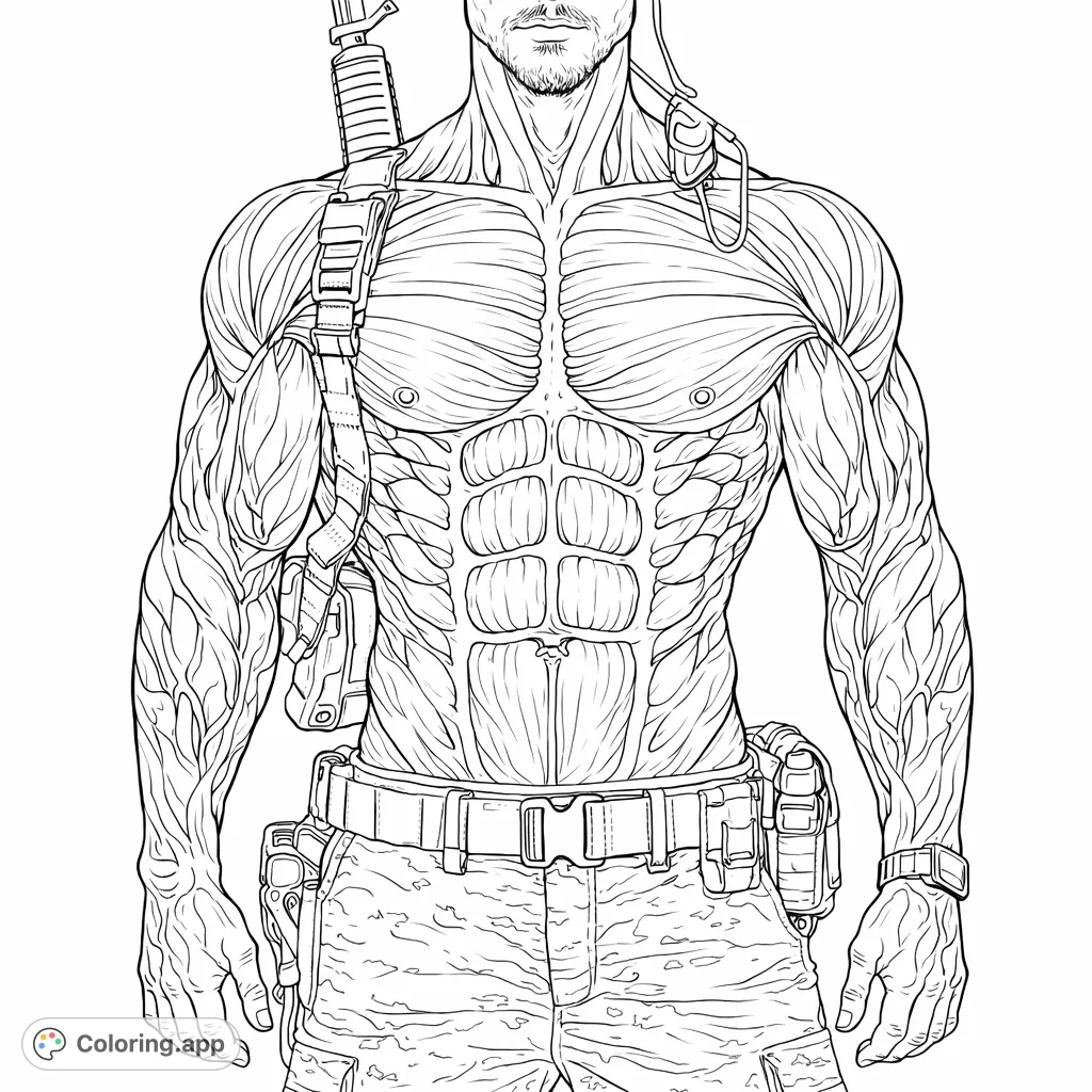 Explore human anatomy with this detailed coloring page of a muscular figure in tactical gear. Focus on intricate muscle fibers and functional equipment.