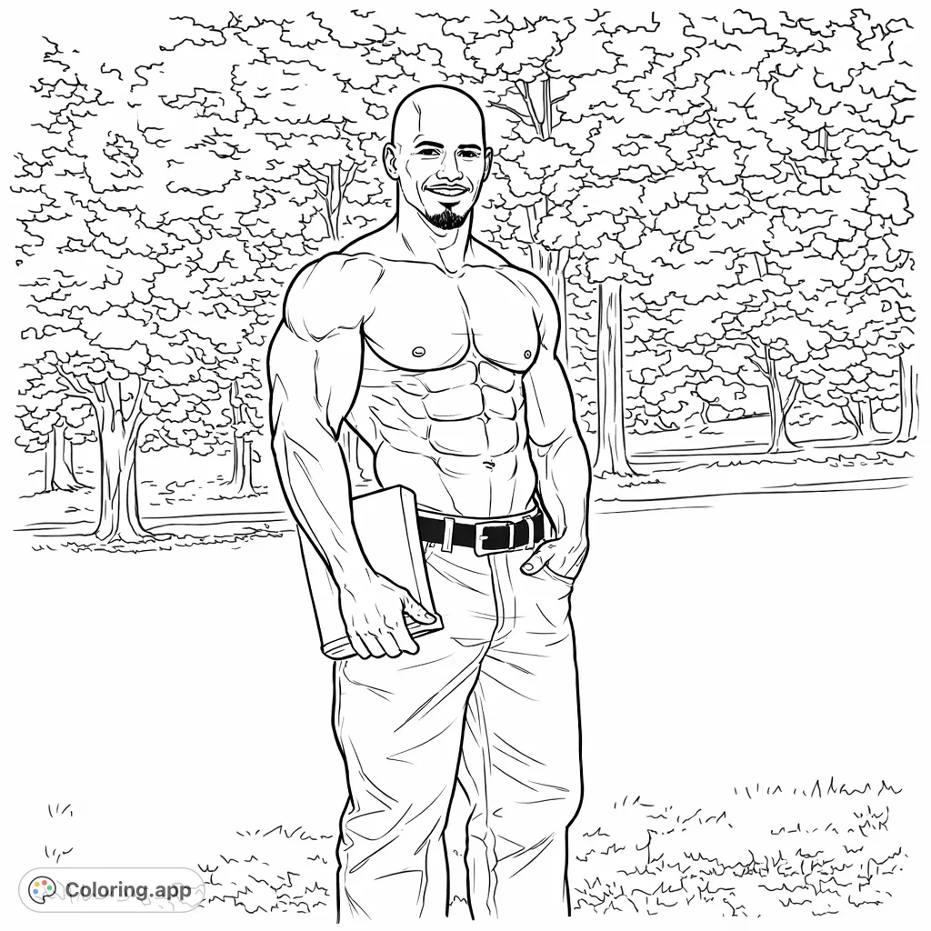 Color a powerful muscular man holding a book in a serene outdoor setting. Perfect for exploring human anatomy and natural landscapes.