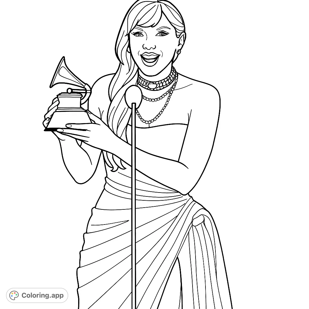 Celebrate success with this music star coloring page! A triumphant singer holds her Grammy award at the microphone. Free printable coloring page for all ages.