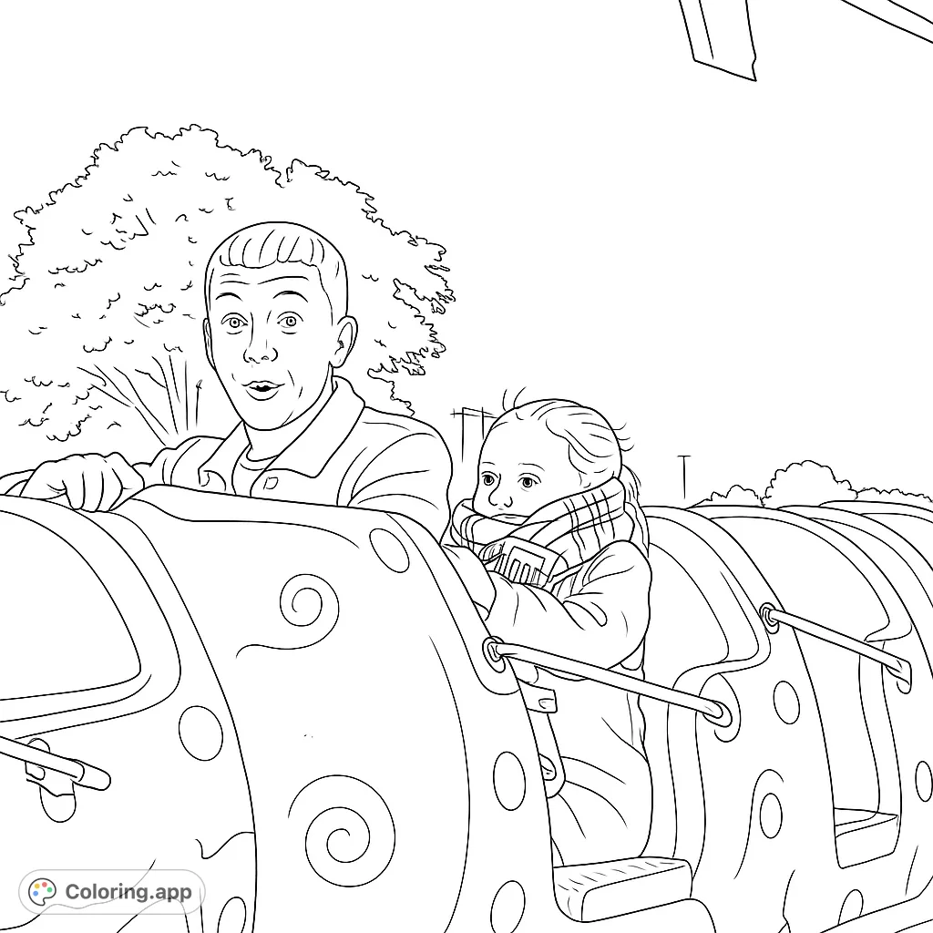 An exciting amusement park train ride featuring an adult and a baby, perfect for a fun family coloring page.
