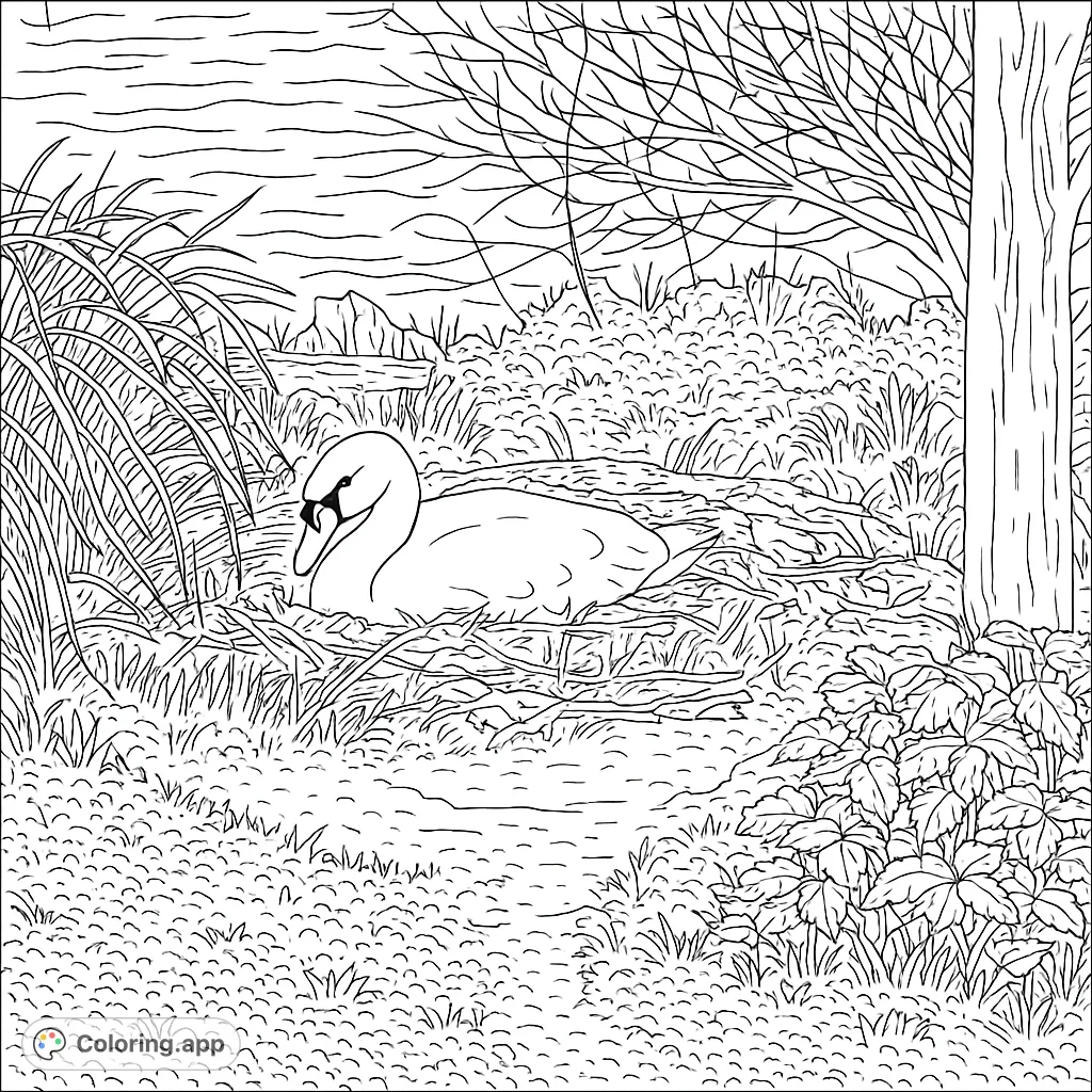 Discover a serene swan nesting by a tranquil pond, surrounded by lush reeds and a majestic tree. A beautiful nature coloring page for all ages.