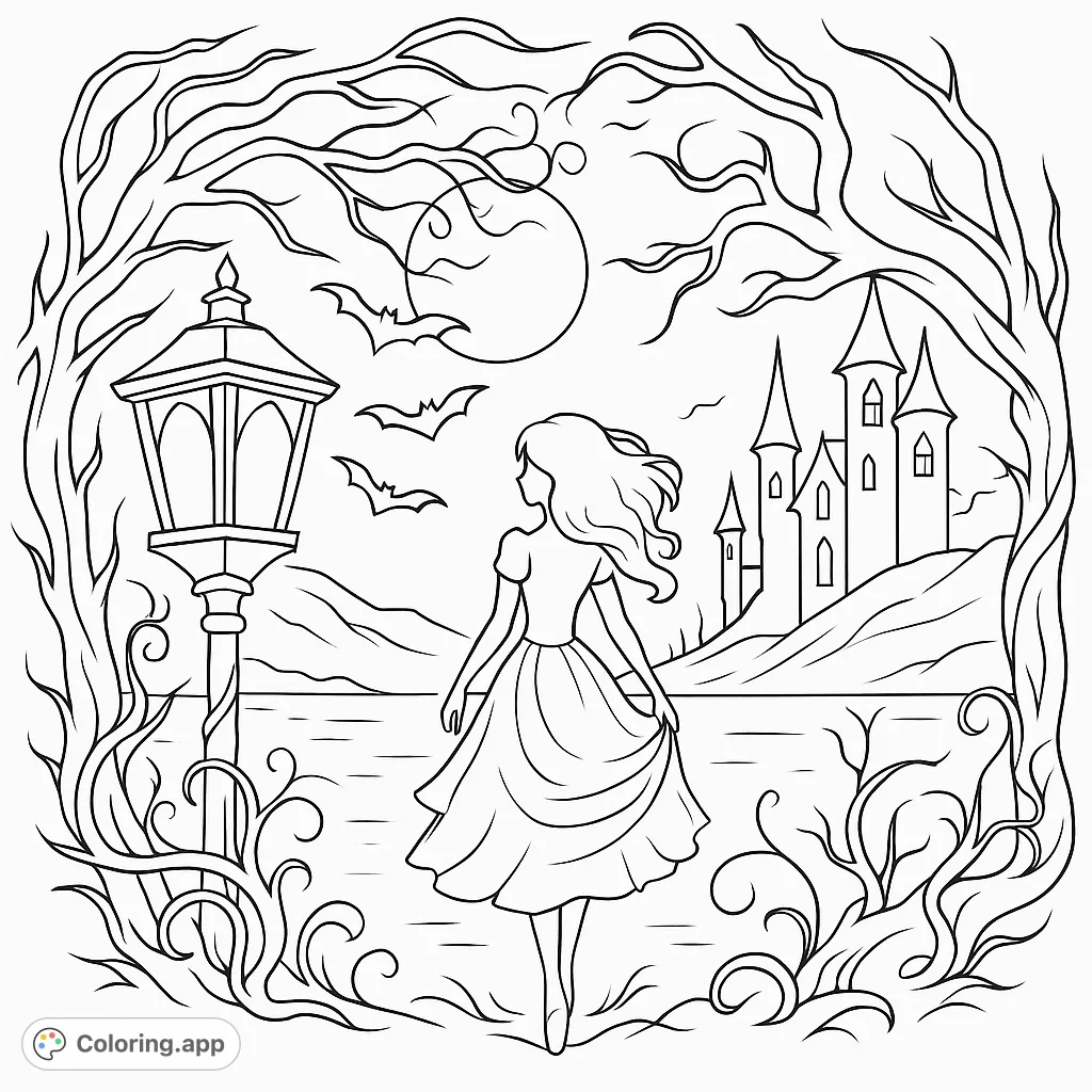 A mysterious enchantress gazes at a distant castle under a moonlit sky, framed by gnarled trees and a vintage lamppost. A magical gothic fairytale scene.