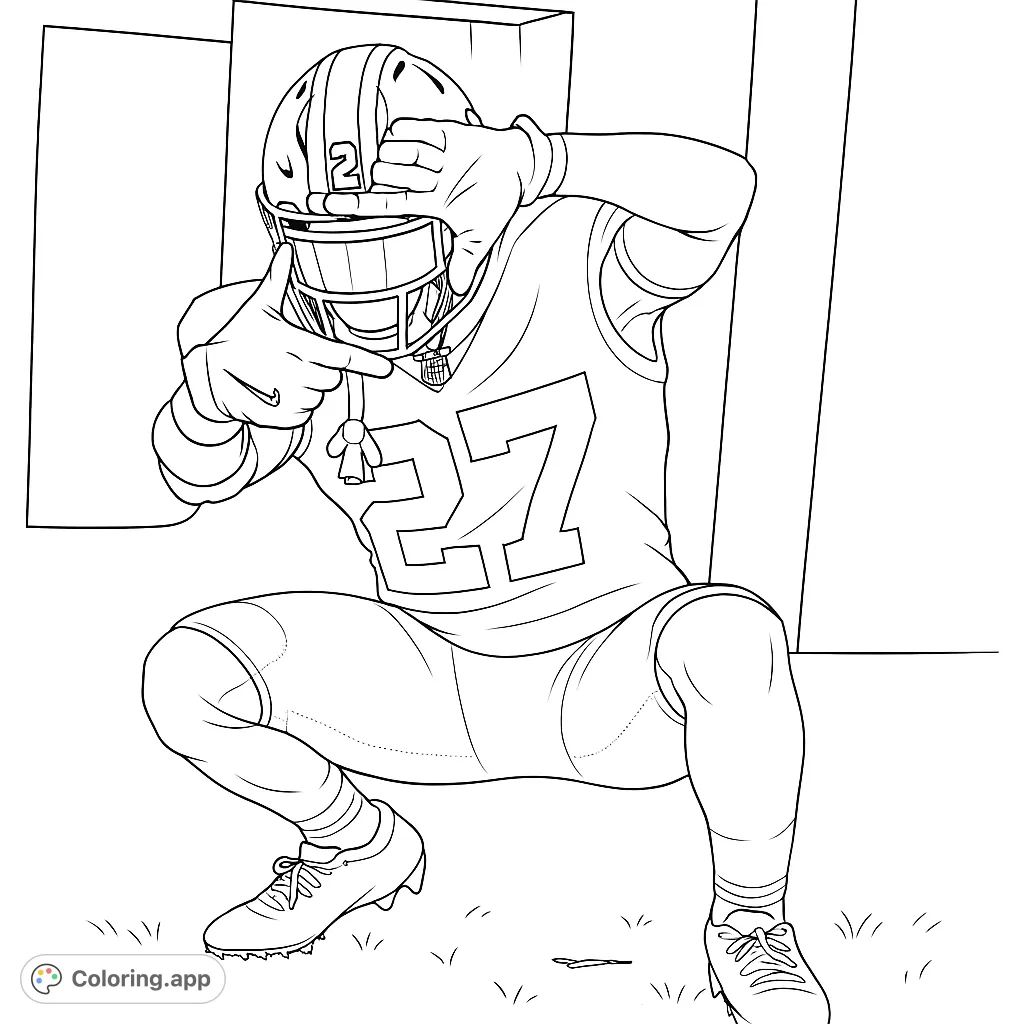Capture the intensity of a football player in a dynamic crouch. This free printable football coloring page features a player in full gear, ready for action. Perfect for sports fans!