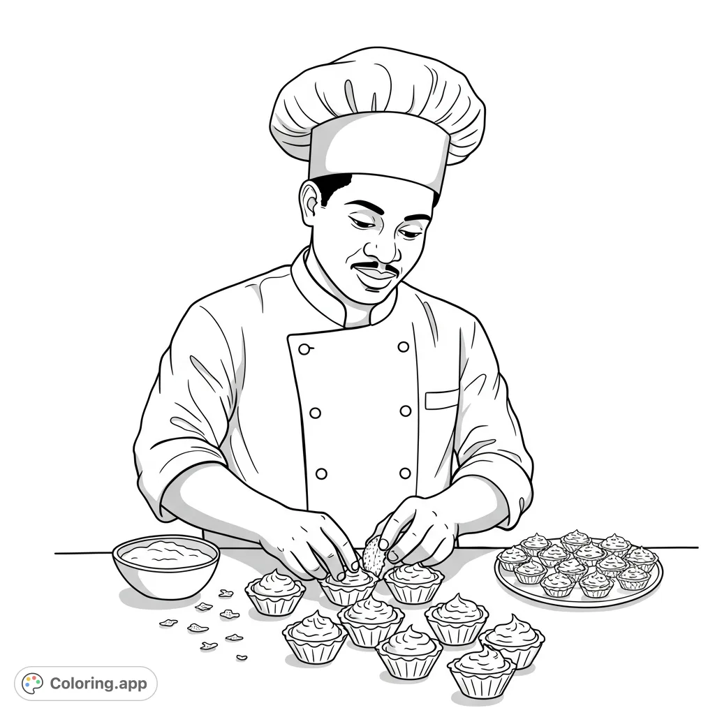 A cheerful chef meticulously decorates a batch of delightful cupcakes, ready for your creative colors. Perfect for foodies and aspiring bakers!