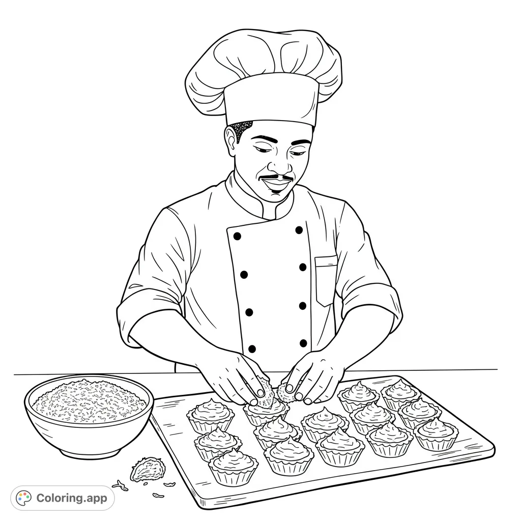 A skilled chef decorates delicious pastries on a tray, with a bowl of toppings nearby. A delightful baking scene for all ages.