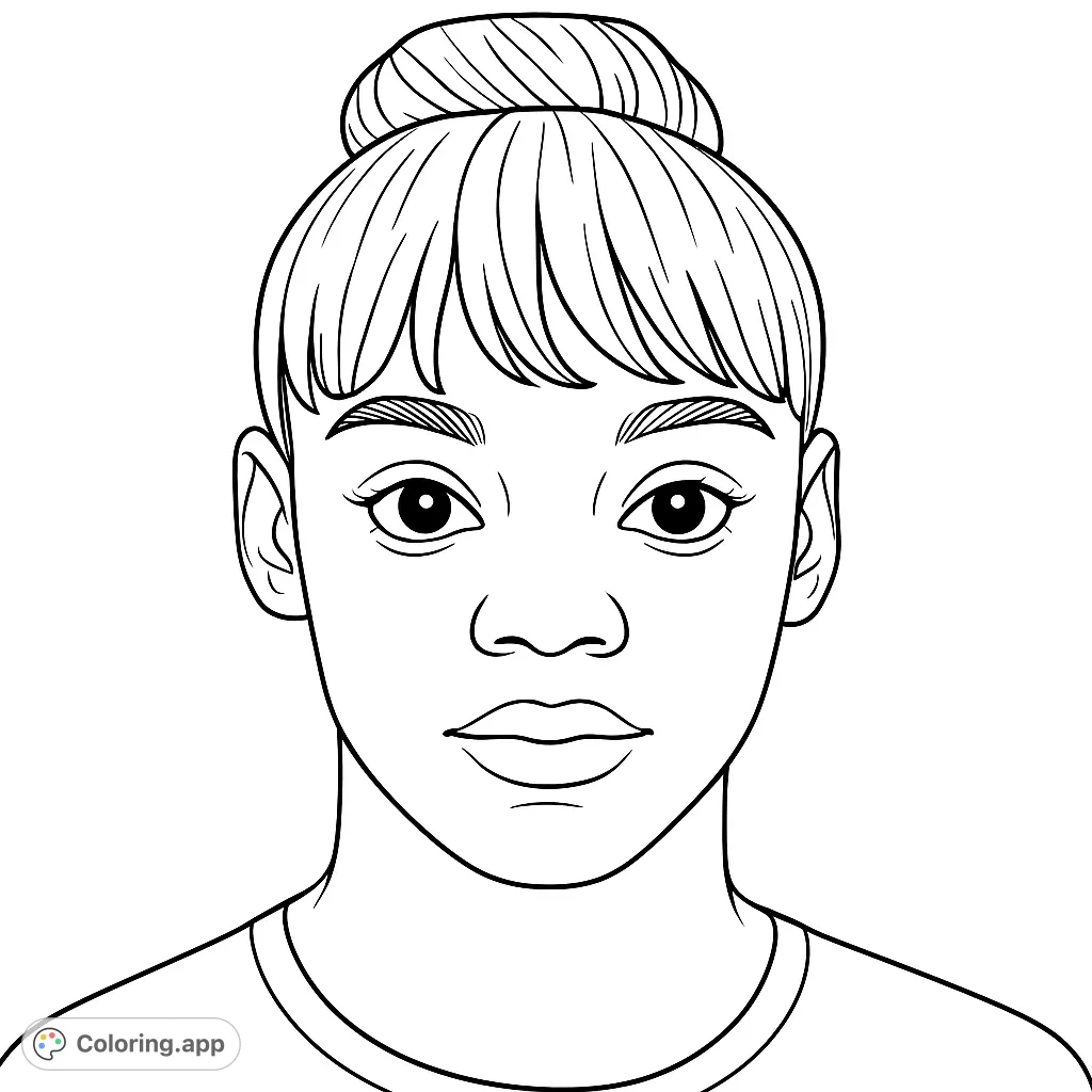 A captivating portrait coloring page featuring a person with a stylish bun and bangs, perfect for personalizing skin tones and hair colors.