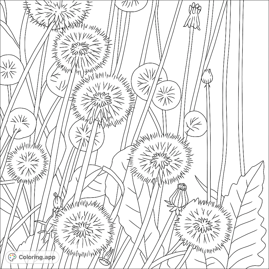 Explore a serene dandelion field coloring page. Intricate puffballs, stems, and leaves offer a relaxing botanical escape. Free printable for all ages!