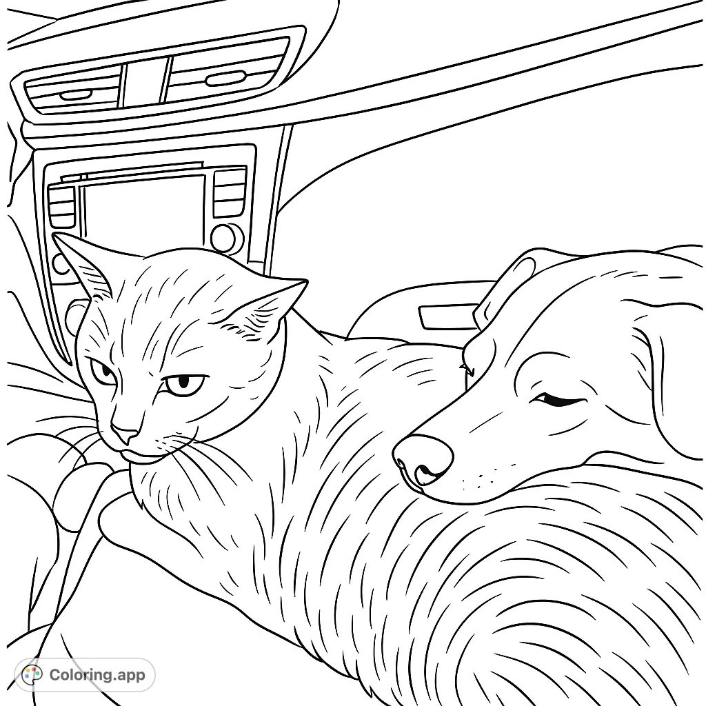 A heartwarming scene of a cat and dog snuggled together in a car, perfect for animal lovers. A free printable pet companionship coloring page.