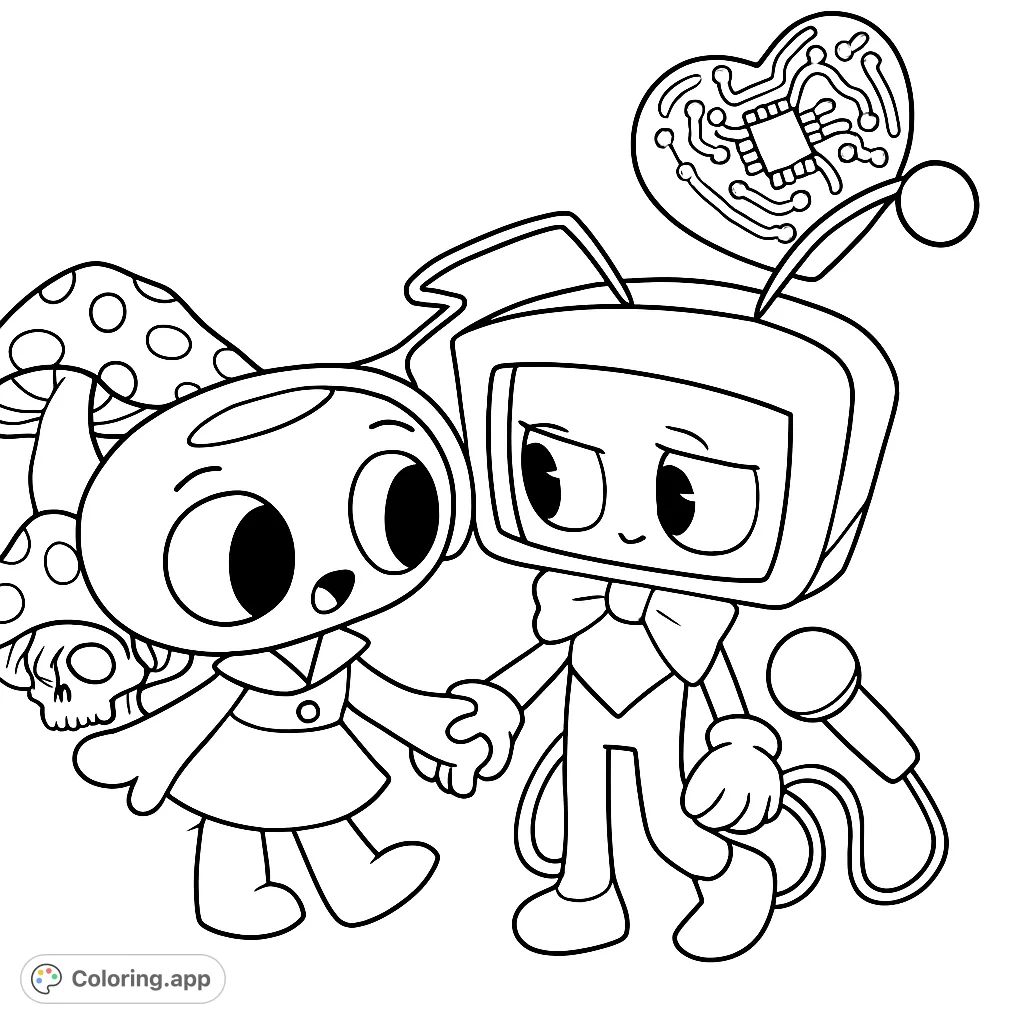 A charming whimsical duo, a mushroom-headed friend and a TV-headed pal, holding hands. Perfect for a unique and fun coloring experience.