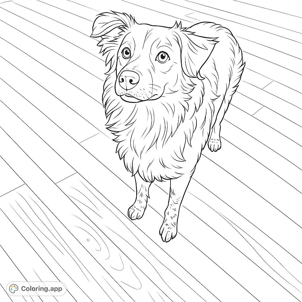 An adorable dog with fluffy fur stands on a wooden floor, looking up expectantly. A charming free printable dog coloring page for all ages.
