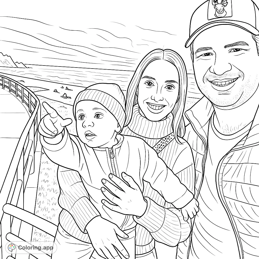 A heartwarming family portrait by the coast, featuring parents and a curious baby pointing at the scenic ocean view. Perfect for all ages.
