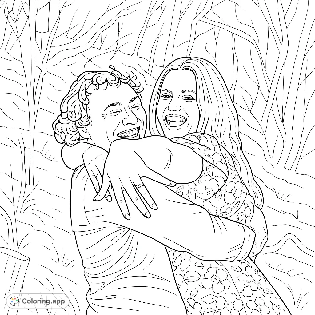 A heartwarming free printable coloring page featuring a laughing couple in a joyful embrace. Perfect for love, romance, and happy moments. Ideal for adults and teens.