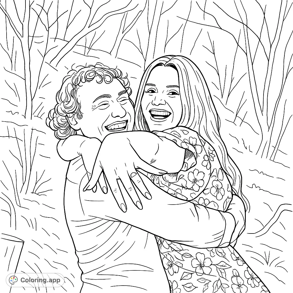 Capture the warmth of a joyful embrace in nature with this free printable coloring page. Features two laughing individuals amidst bare trees, perfect for all ages.