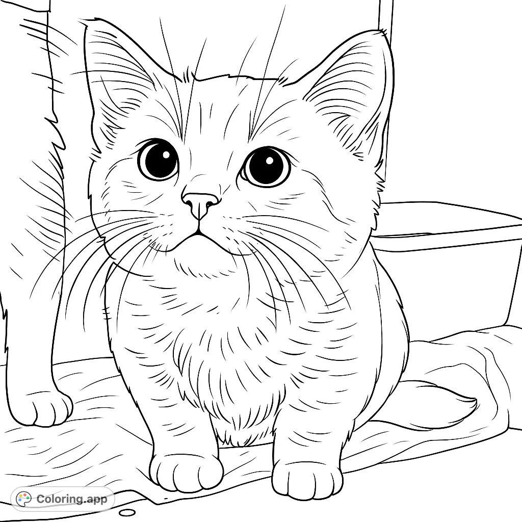 An adorable kitten with big eyes and fluffy fur sits attentively, ready for a splash of color. A charming free printable kitten coloring page.