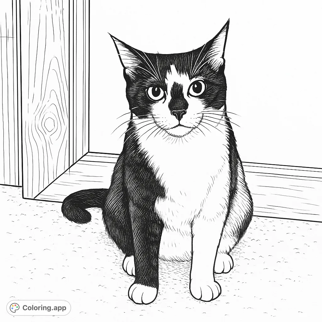A charming tuxedo cat coloring page, perfect for pet lovers! Features a cute cat sitting, ready for your creative colors. Free printable coloring page.